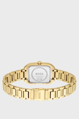 Gold-tone rectangular watch with link bracelet, Gold