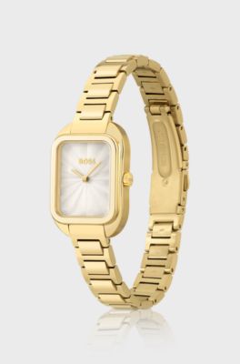 Gold-tone rectangular watch with link bracelet, Gold