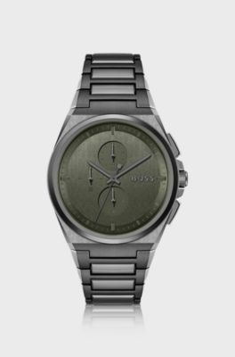 Khaki-dial chronograph watch with link bracelet, Dark Grey