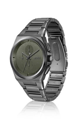 Khaki-dial chronograph watch with link bracelet, Dark Grey