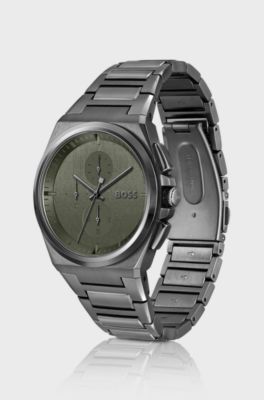 Khaki-dial chronograph watch with link bracelet, Dark Grey