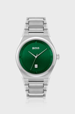 Green-dial watch with link bracelet, Silver