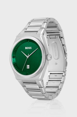 Green-dial watch with link bracelet, Silver
