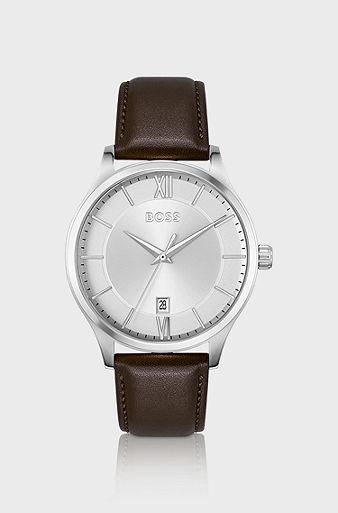 Three-hand watch with brown leather strap, Dark Brown