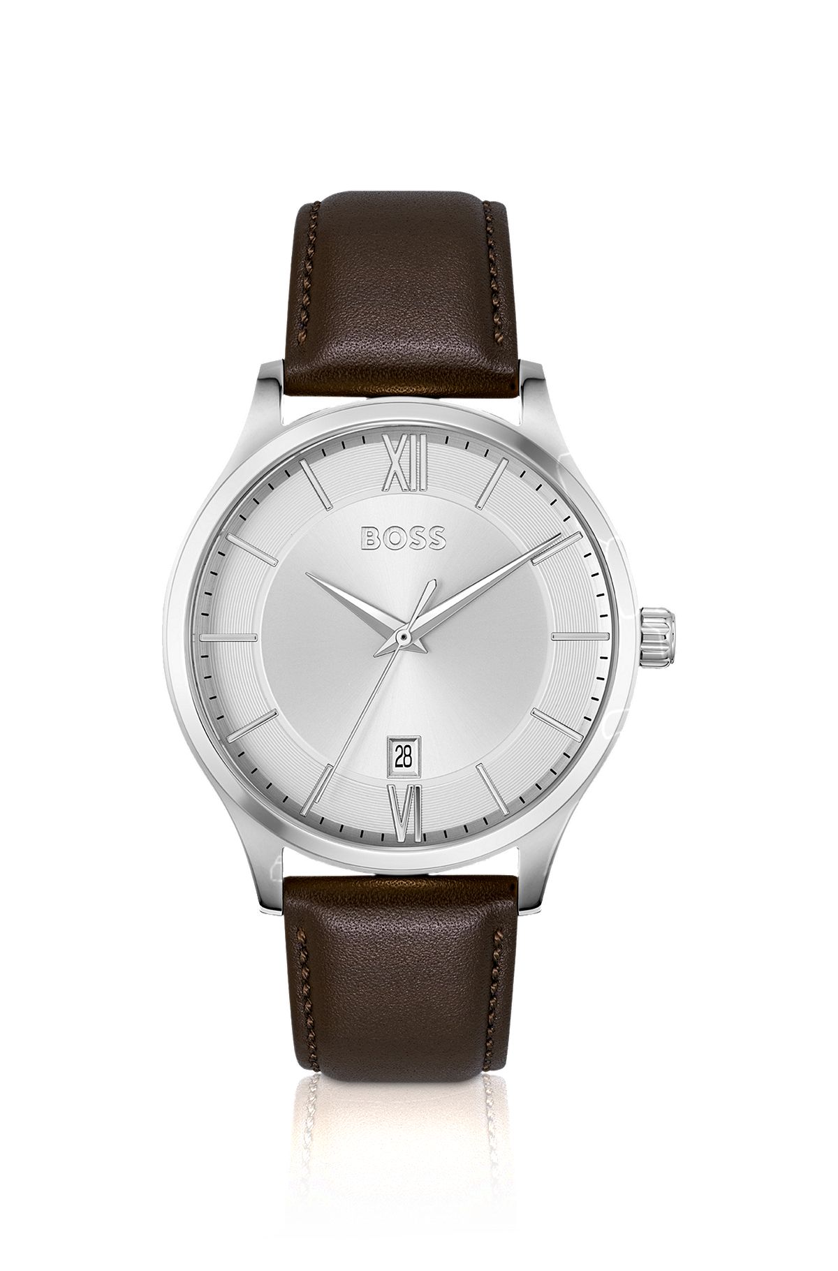 Three-hand watch with brown leather strap, Dark Brown
