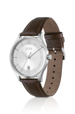 Three-hand watch with brown leather strap, Dark Brown