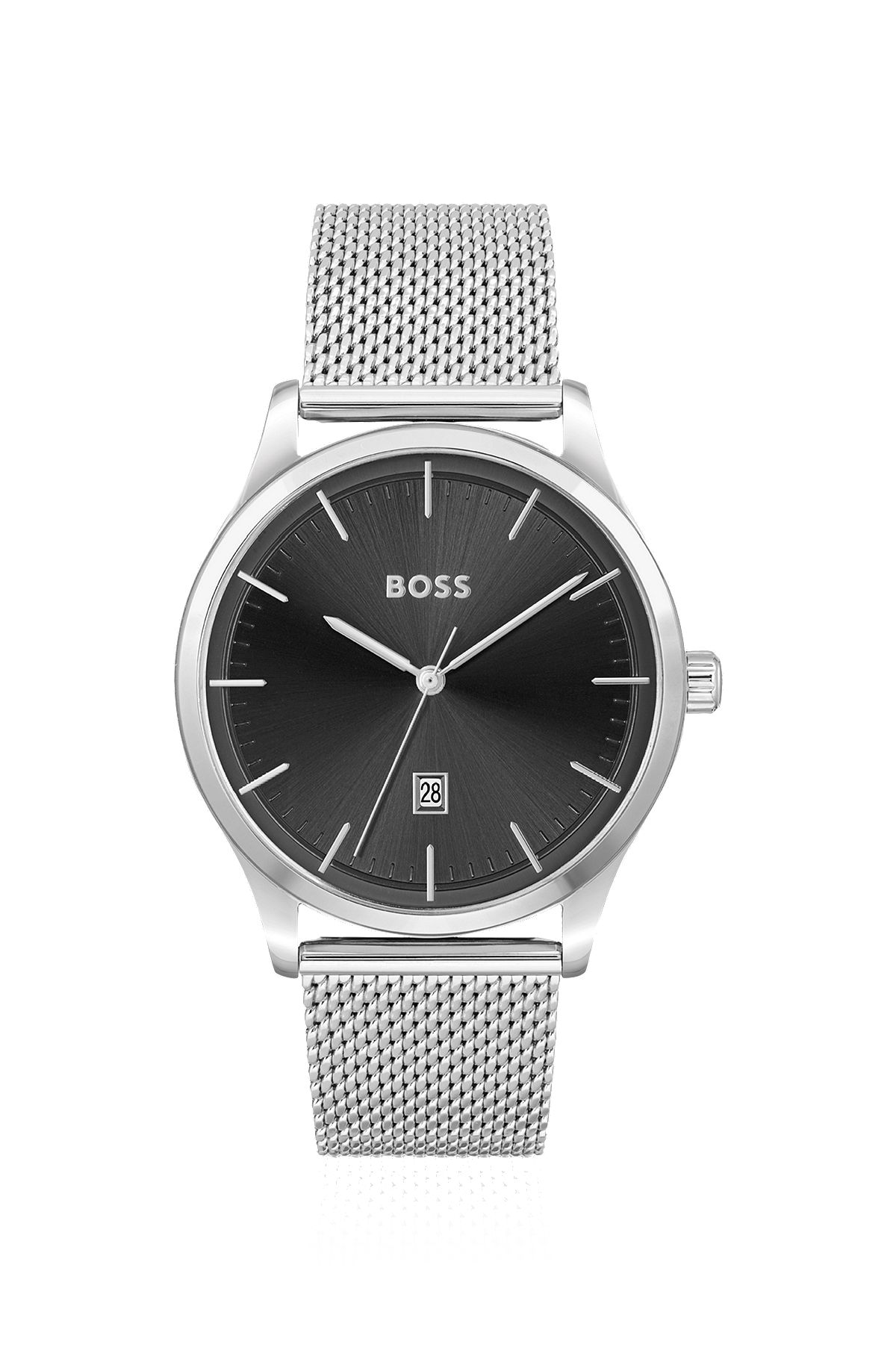 Black-dial watch with mesh bracelet, Silver