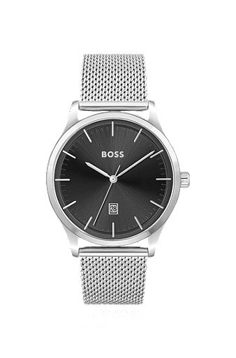 Black-dial watch with mesh bracelet, Silver