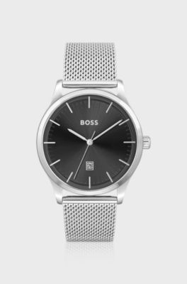 Black-dial watch with mesh bracelet, Silver