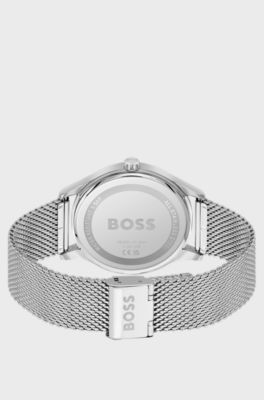 Black-dial watch with mesh bracelet, Silver