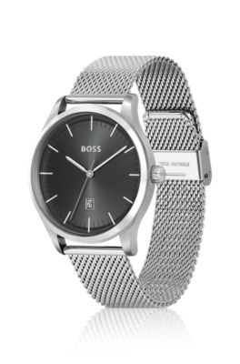 Black-dial watch with mesh bracelet, Silver