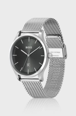 Black-dial watch with mesh bracelet, Silver