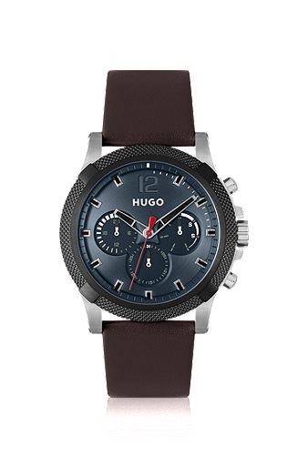 Multi-eye watch with brown leather strap, Dark Brown