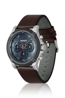 Multi-eye watch with brown leather strap, Dark Brown