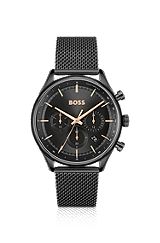 Black-plated chronograph watch with mesh bracelet, Black