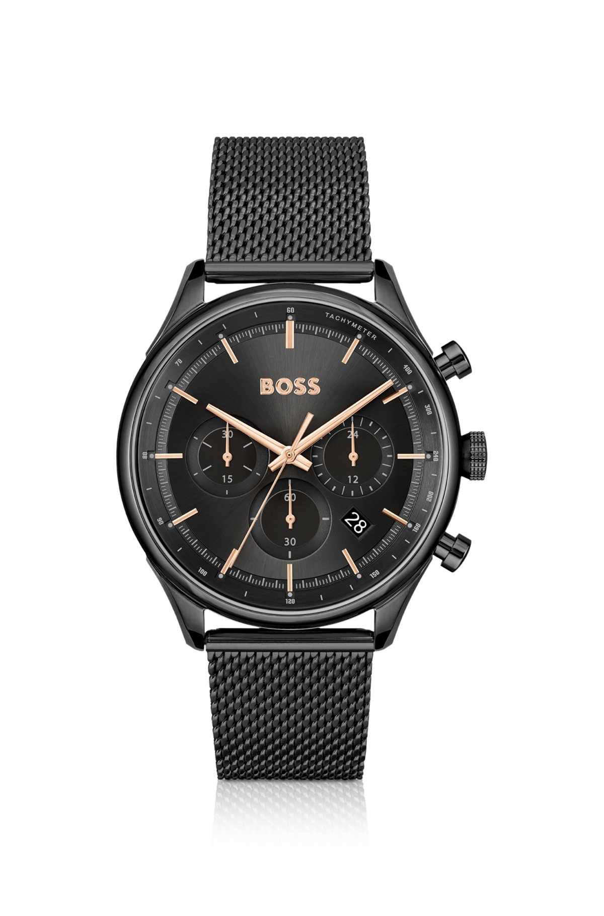 BOSS - Black-plated chronograph watch with mesh bracelet