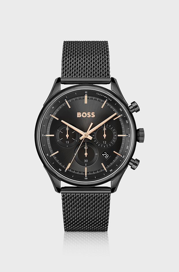Black-plated chronograph watch with mesh bracelet, Black