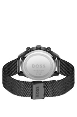 Black-plated chronograph watch with mesh bracelet, Black