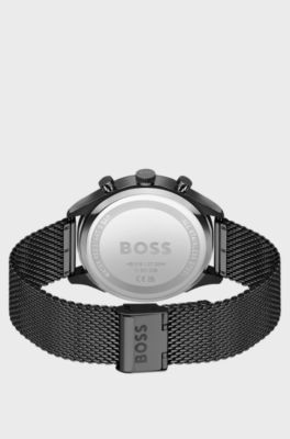 Black-plated chronograph watch with mesh bracelet, Black
