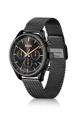 Black-plated chronograph watch with mesh bracelet, Black