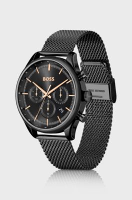 Black-plated chronograph watch with mesh bracelet, Black