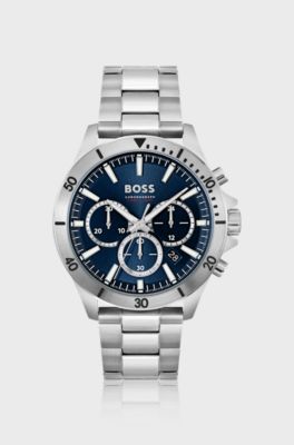 Blue-dial chronograph watch with link bracelet, Silver