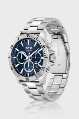 Blue-dial chronograph watch with link bracelet, Silver