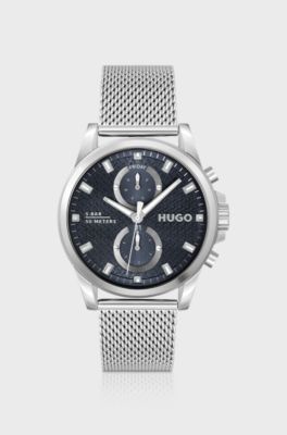 Blue-dial watch with mesh bracelet, Silver