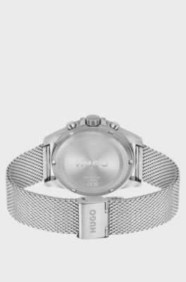 Blue-dial watch with mesh bracelet, Silver