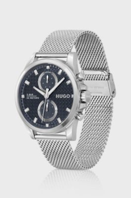 Blue-dial watch with mesh bracelet, Silver