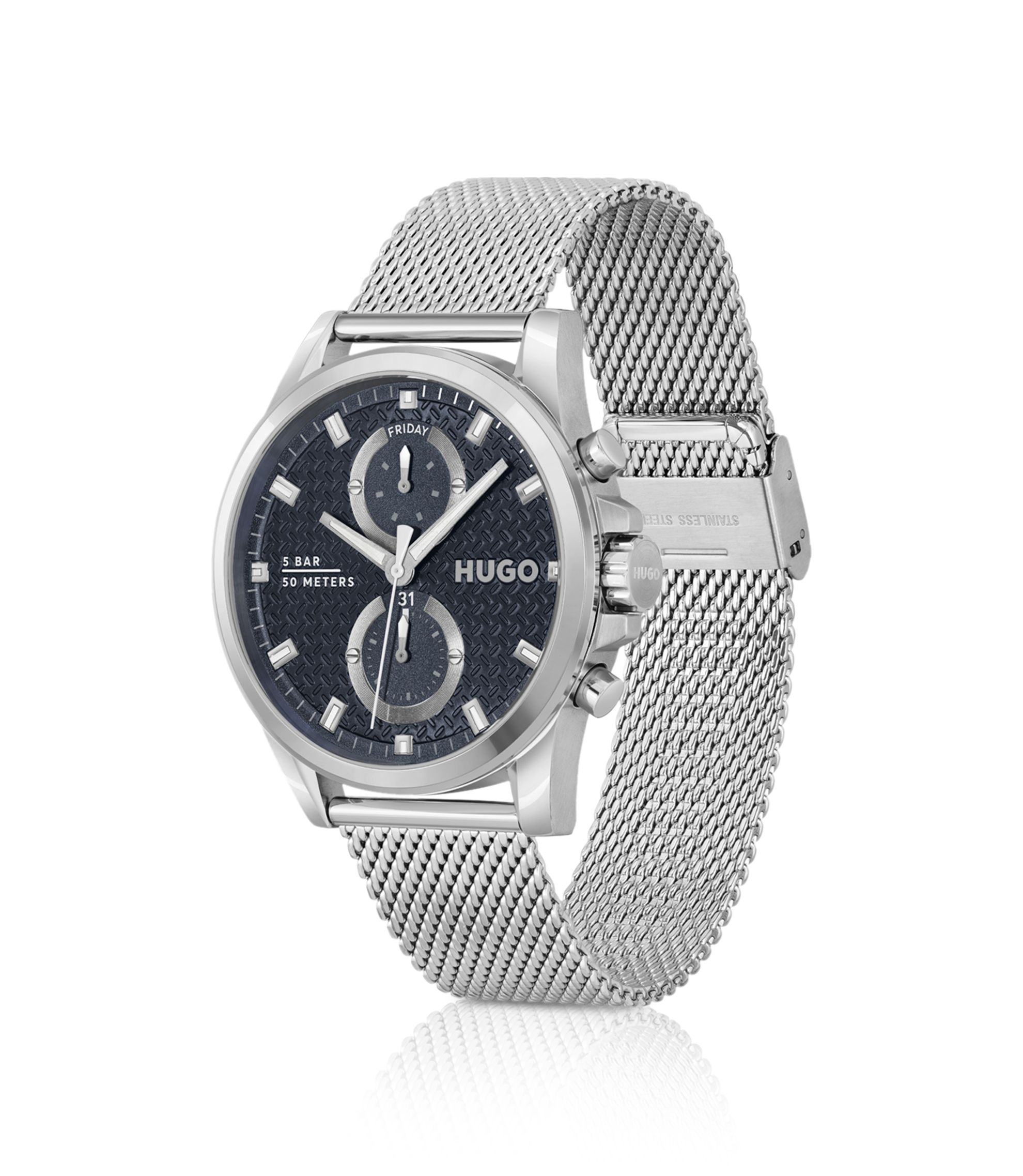 HUGO Uhr mit Mesh-Armband und blauem Zifferblatt Silber