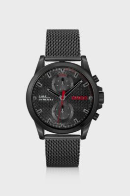 Black-plated watch with mesh bracelet, Black
