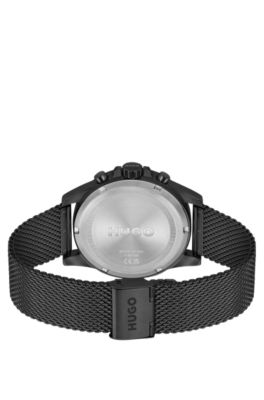Black-plated watch with mesh bracelet, Black