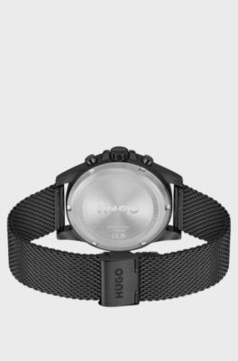 Black-plated watch with mesh bracelet, Black