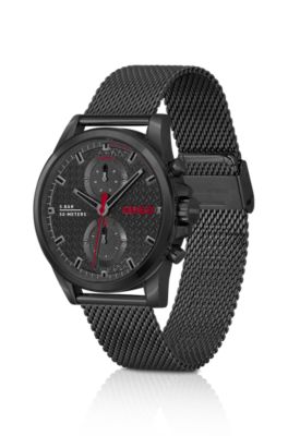 Black-plated watch with mesh bracelet, Black