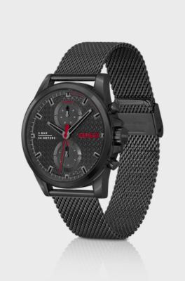 Black-plated watch with mesh bracelet, Black