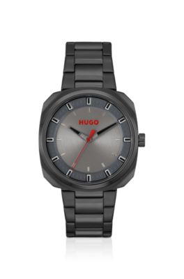 Black-plated watch with link bracelet, Dark Grey