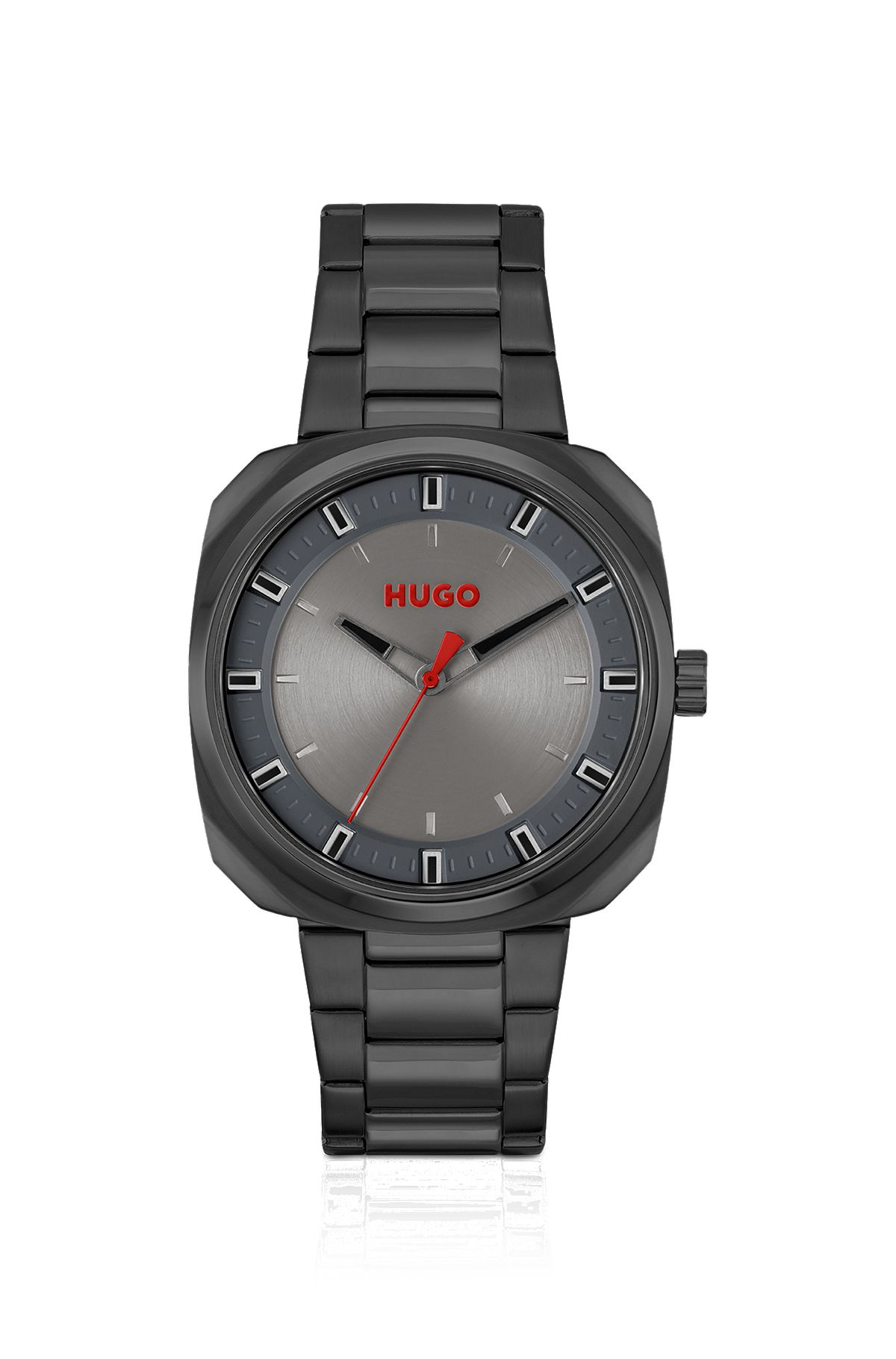 Black-plated watch with link bracelet, Dark Grey