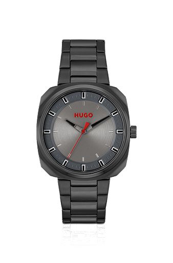 Black-plated watch with link bracelet, Dark Grey
