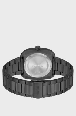 Montre en acier plaqu&eacute; noir avec bracelet &agrave; maillons, Gris sombre