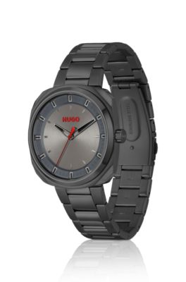 Black-plated watch with link bracelet, Dark Grey