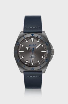 Grey-plated watch with blue leather strap, Black
