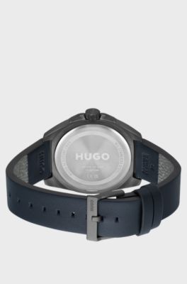 Grey-plated watch with blue leather strap, Black