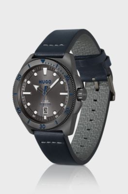 Grey-plated watch with blue leather strap, Black