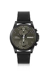 Black-plated watch with black leather strap, Black