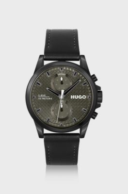 Black-plated watch with black leather strap, Black