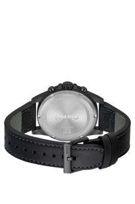Black-plated watch with black leather strap, Black
