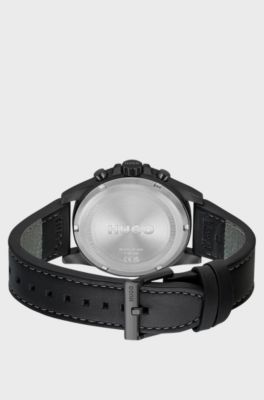 Black-plated watch with black leather strap, Black
