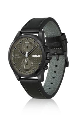 Black-plated watch with black leather strap, Black