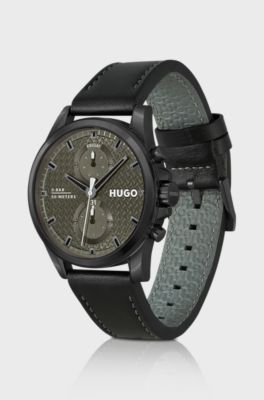 Black-plated watch with black leather strap, Black